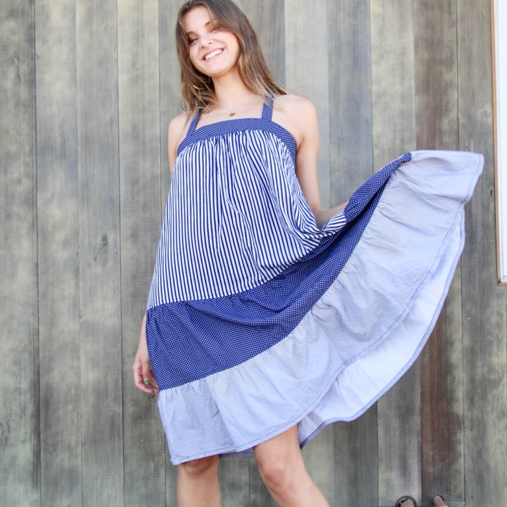 Vintage Handmade Blue Striped Flowy Halter Dress